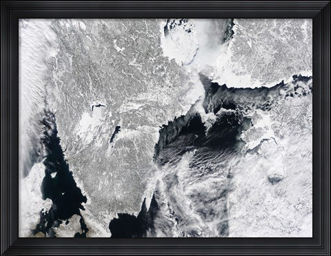 Framed Sea ice lines the Coasts of Sweden and Finland in this Satellite View Print