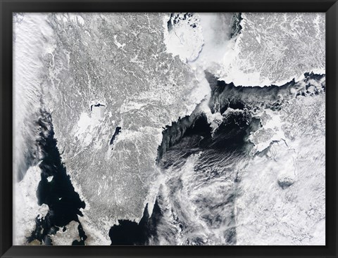 Framed Sea ice lines the Coasts of Sweden and Finland in this Satellite View Print