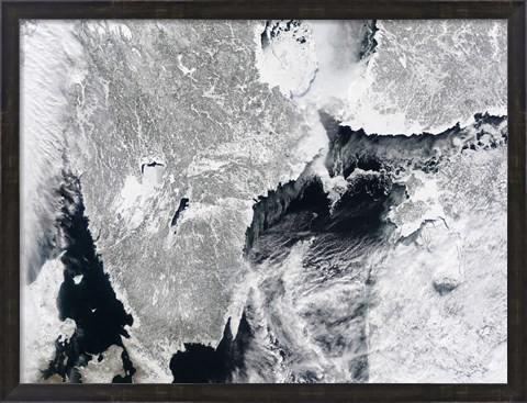 Framed Sea ice lines the Coasts of Sweden and Finland in this Satellite View Print