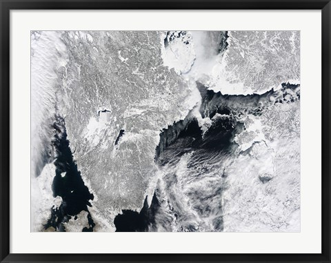 Framed Sea ice lines the Coasts of Sweden and Finland in this Satellite View Print