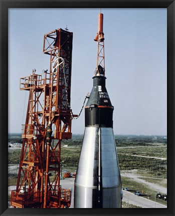 Framed Unmanned Mercury-Atlas Capsule sits Stop its Atlas Launch Vehicle Print