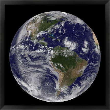 Framed Full Earth showing two Tropical storms Forming in the Atlantic Ocean Print