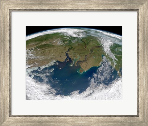 Framed Satellite View of the Ob and Yenisei rivers as They carry Sediments into the Kara Sea Print