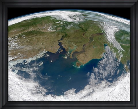 Framed Satellite View of the Ob and Yenisei rivers as They carry Sediments into the Kara Sea Print