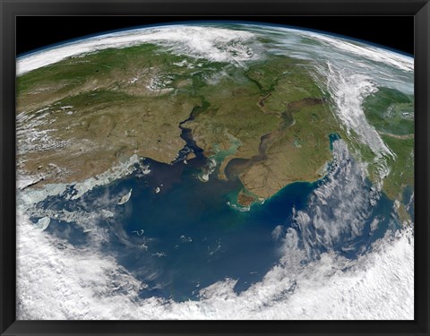 Framed Satellite View of the Ob and Yenisei rivers as They carry Sediments into the Kara Sea Print