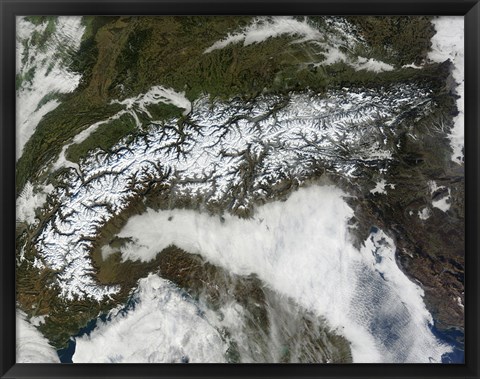 Framed Satellite Image of The Alps Mountain Range Print