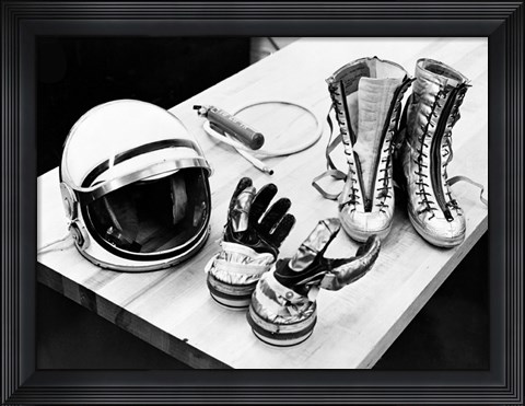 Framed Components of the Mercury Spacesuit Included Gloves, Boots and a Helmet Print