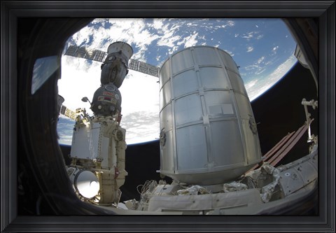 Framed Permanent Multipurpose Module and a Docked Russian Soyuz Spacecraft Print