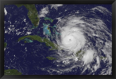 Framed Satellite view of the Eye of Hurricane Irene as it Enters the Bahamas Print