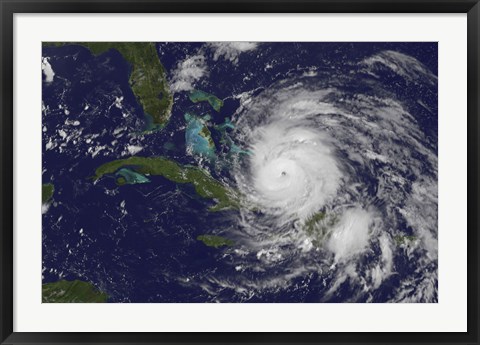 Framed Satellite view of the Eye of Hurricane Irene as it Enters the Bahamas Print