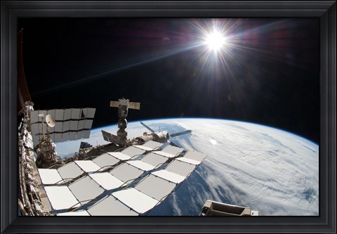 Framed Bright Sun, a Portion of the International Space Station and Earth&#39;s horizon Print