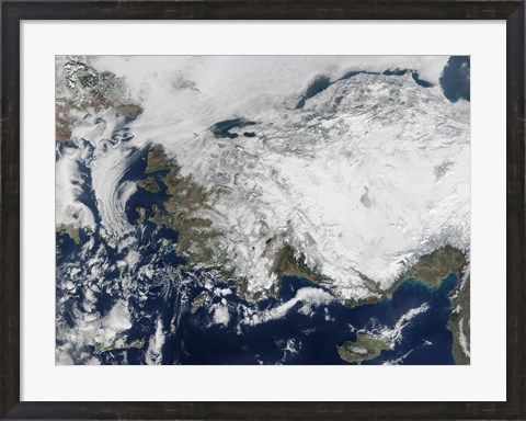 Framed Satellite view of the Republic of Turkey covered by Snow Print