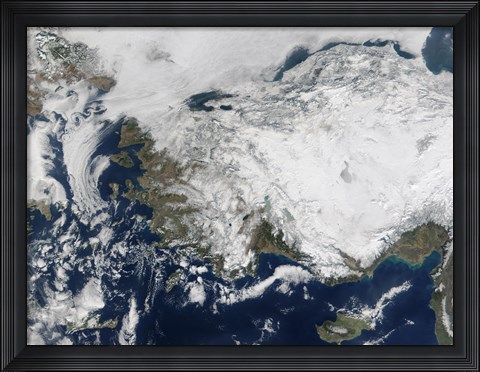 Framed Satellite view of the Republic of Turkey covered by Snow Print