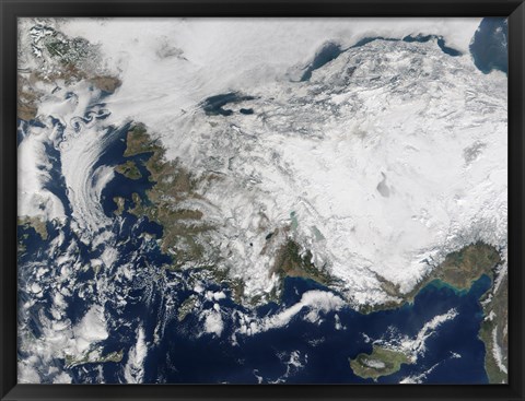 Framed Satellite view of the Republic of Turkey covered by Snow Print