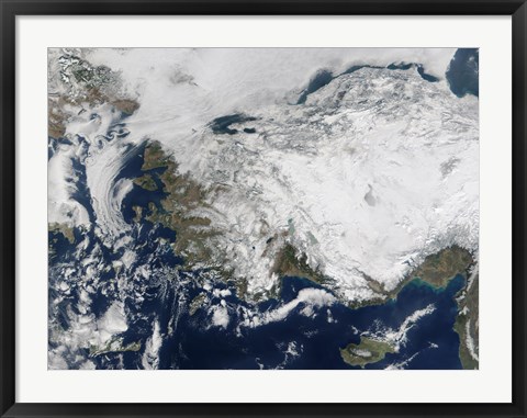 Framed Satellite view of the Republic of Turkey covered by Snow Print