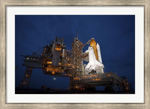 Framed Night view of Space Shuttle Atlantis on the Launch pad at Kennedy Space Center, Florida Print