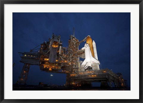 Framed Night view of Space Shuttle Atlantis on the Launch pad at Kennedy Space Center, Florida Print