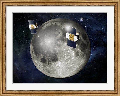 Framed Artist&#39;s Concept of Twin GRAIL Spacecraft Orbiting the Moon Print