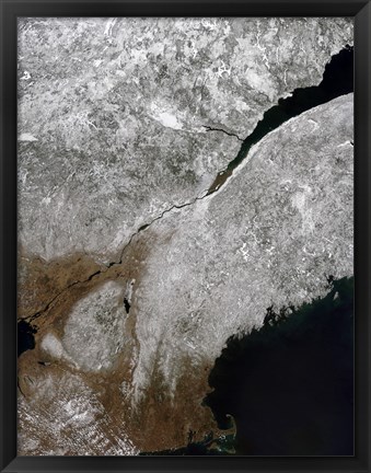 Framed Satellite view of a Frosty Landscape Across Northern New England and Eastern Canada Print