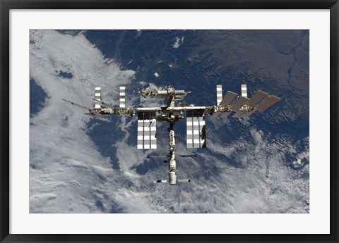 Framed International Space Station Backgropped by a Blue and White Earth Print
