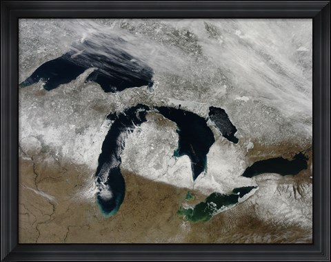 Framed Satellite View of Snow Across Wisonsin, Michigan and Canada Print