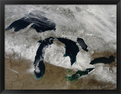 Framed Satellite View of Snow Across Wisonsin, Michigan and Canada Print