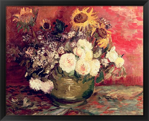 Framed Sunflowers, Roses and other Flowers in a Bowl, 1886 Print