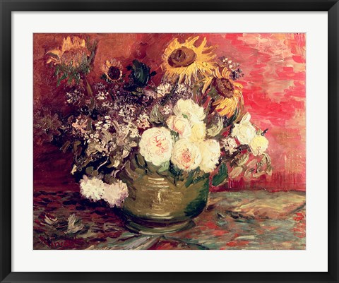 Framed Sunflowers, Roses and other Flowers in a Bowl, 1886 Print