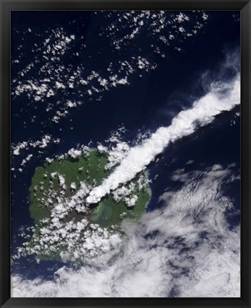 Framed Satellite view of a Thick, Steam-Rich Plume from Gaua Volcano Blows Directly Northeast Print