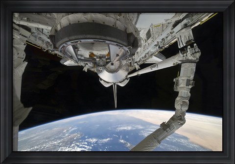 Framed View of Space Shuttle Discovery over Earth&#39;s horizon Print