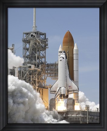 Framed Atlantis&#39; Twin Solid Rocket Boosters Ignite to Propel the Spacecraft into Orbit at Kennedy&#39;s Space Center Print