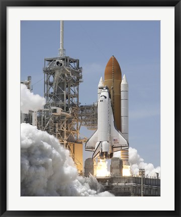 Framed Atlantis&#39; Twin Solid Rocket Boosters Ignite to Propel the Spacecraft into Orbit at Kennedy&#39;s Space Center Print
