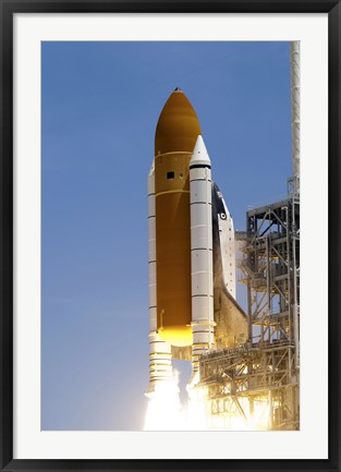 Framed Atlantis&#39; Twin Solid Rocket Boosters Ignite to Propel the Spacecraft Off Kennedy Space Center&#39;s Launch Pad 39A Print