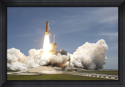 Framed Space shuttle Atlantis rumbles the Space Coast as it lifts off from Kennedy Space Center&#39;s Launch Pad 39A Print
