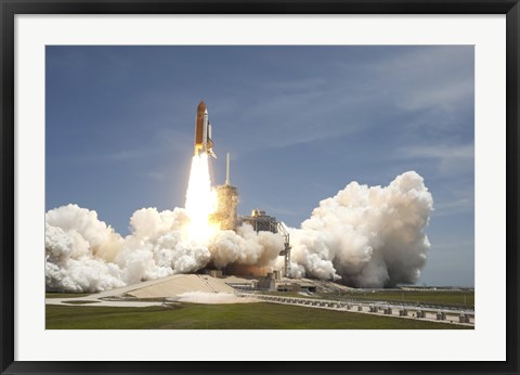 Framed Space shuttle Atlantis rumbles the Space Coast as it lifts off from Kennedy Space Center&#39;s Launch Pad 39A Print