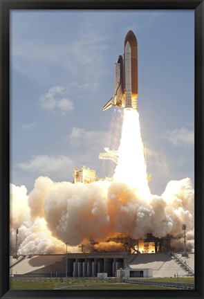 Framed Space shuttle Atlantis lifts off from Kennedy Space Center&#39;s Launch Pad 39A into orbit Print