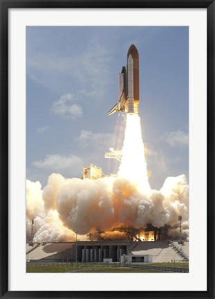 Framed Space shuttle Atlantis lifts off from Kennedy Space Center&#39;s Launch Pad 39A into orbit Print