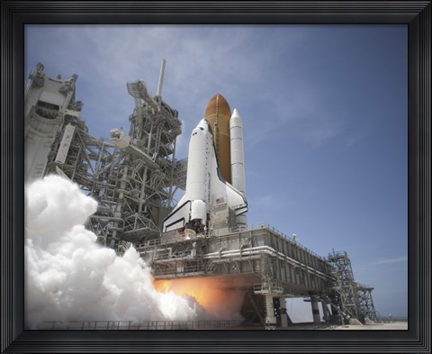 Framed Exhaust Plume forms under the Mobile Launcher Platform on Launch Pad 39A as Space Shuttle Atlantis lifts off into Orbit Print