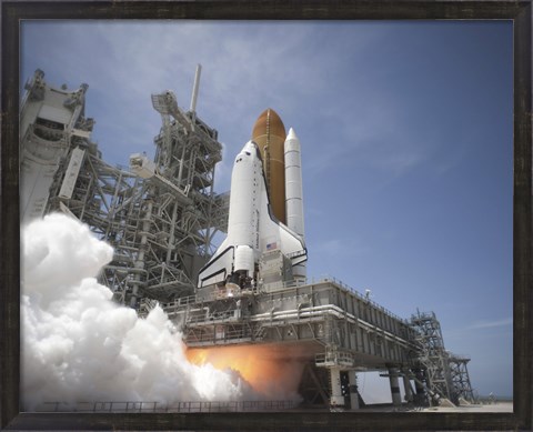 Framed Exhaust Plume forms under the Mobile Launcher Platform on Launch Pad 39A as Space Shuttle Atlantis lifts off into Orbit Print