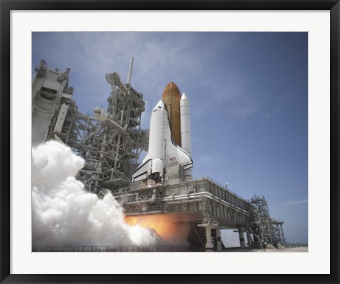 Framed Exhaust Plume forms under the Mobile Launcher Platform on Launch Pad 39A as Space Shuttle Atlantis lifts off into Orbit Print