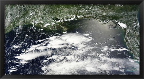 Framed Satellite View of Oil Leaking from the Damaged Deepwater Horizon well in the Gulf of Mexico Print