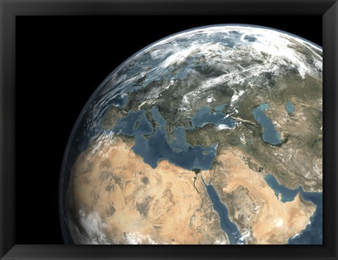 Framed Global view of earth over Europe, Middle East, and Northern Africa Print