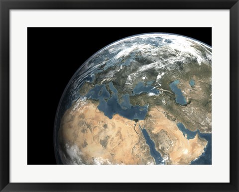 Framed Global view of earth over Europe, Middle East, and Northern Africa Print