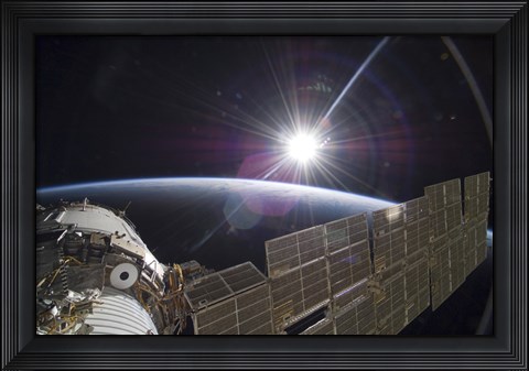 Framed International Space Station Backdropped by the Bright Sun over Earth&#39;s Horizon Print
