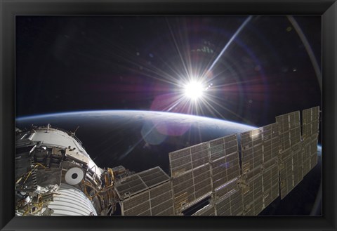 Framed International Space Station Backdropped by the Bright Sun over Earth&#39;s Horizon Print