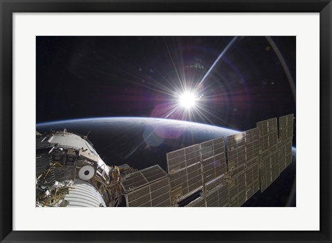 Framed International Space Station Backdropped by the Bright Sun over Earth&#39;s Horizon Print