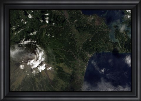 Framed Satellite view of Mayon Volcano Emitting a Thin Volcanic Plume Print