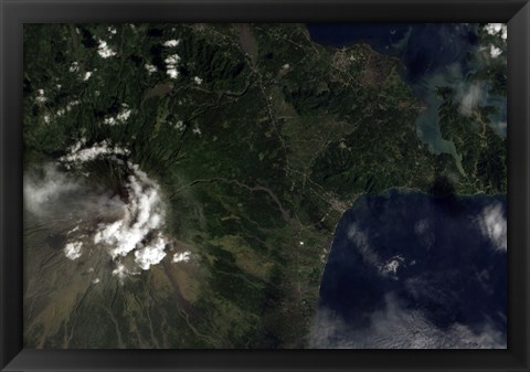 Framed Satellite view of Mayon Volcano Emitting a Thin Volcanic Plume Print