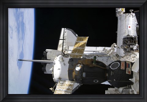 Framed Docked Soyuz Spacecraft over the Docked Space Shuttle Atlantis Print