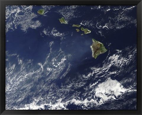 Framed Satellite View of Volcanic Fog from Kilauea Volcano Swirling around the Hawaiian Islands Print